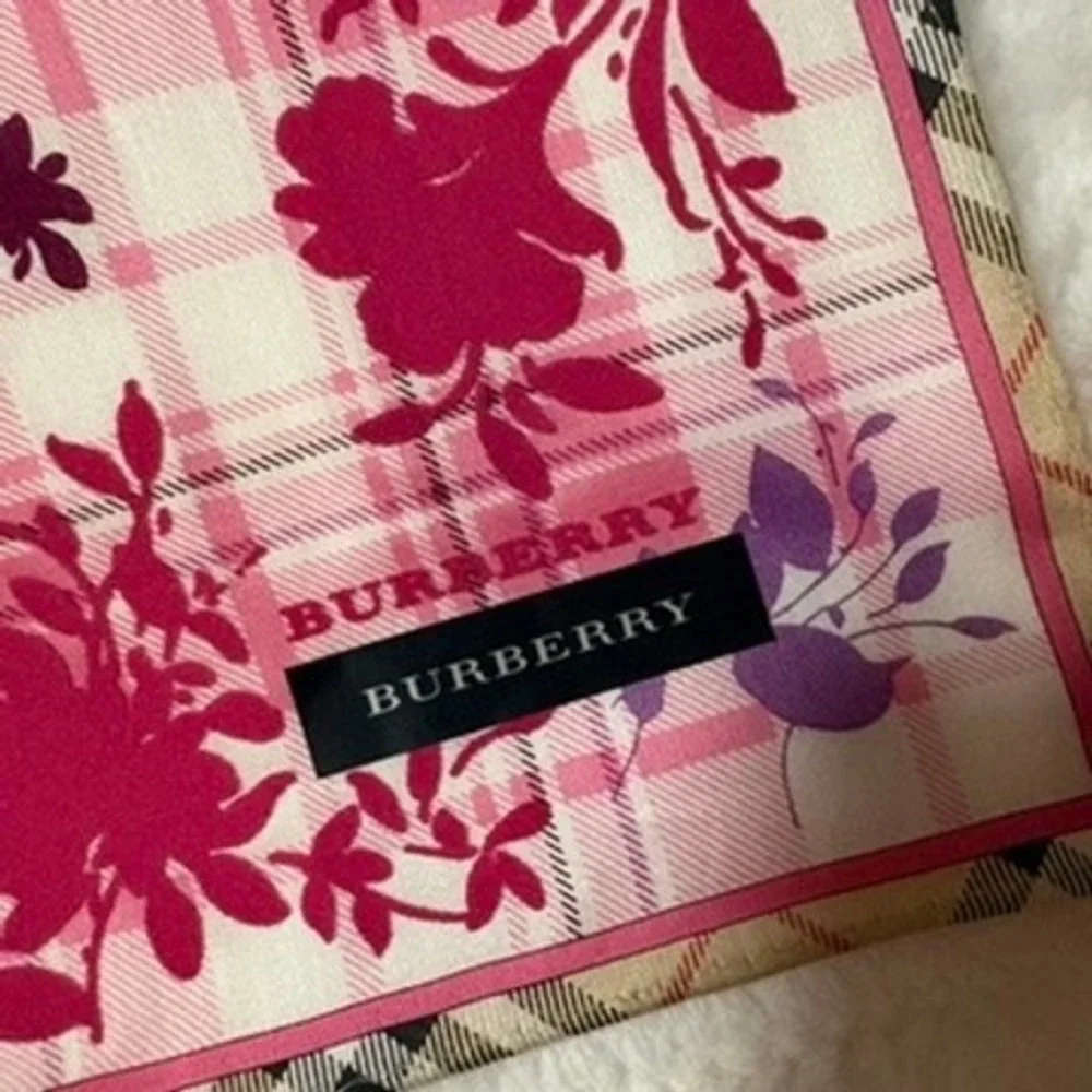 Vtg BURBERRY Scarf Handkerchief Plaid Floral Cotton Pink 19.5